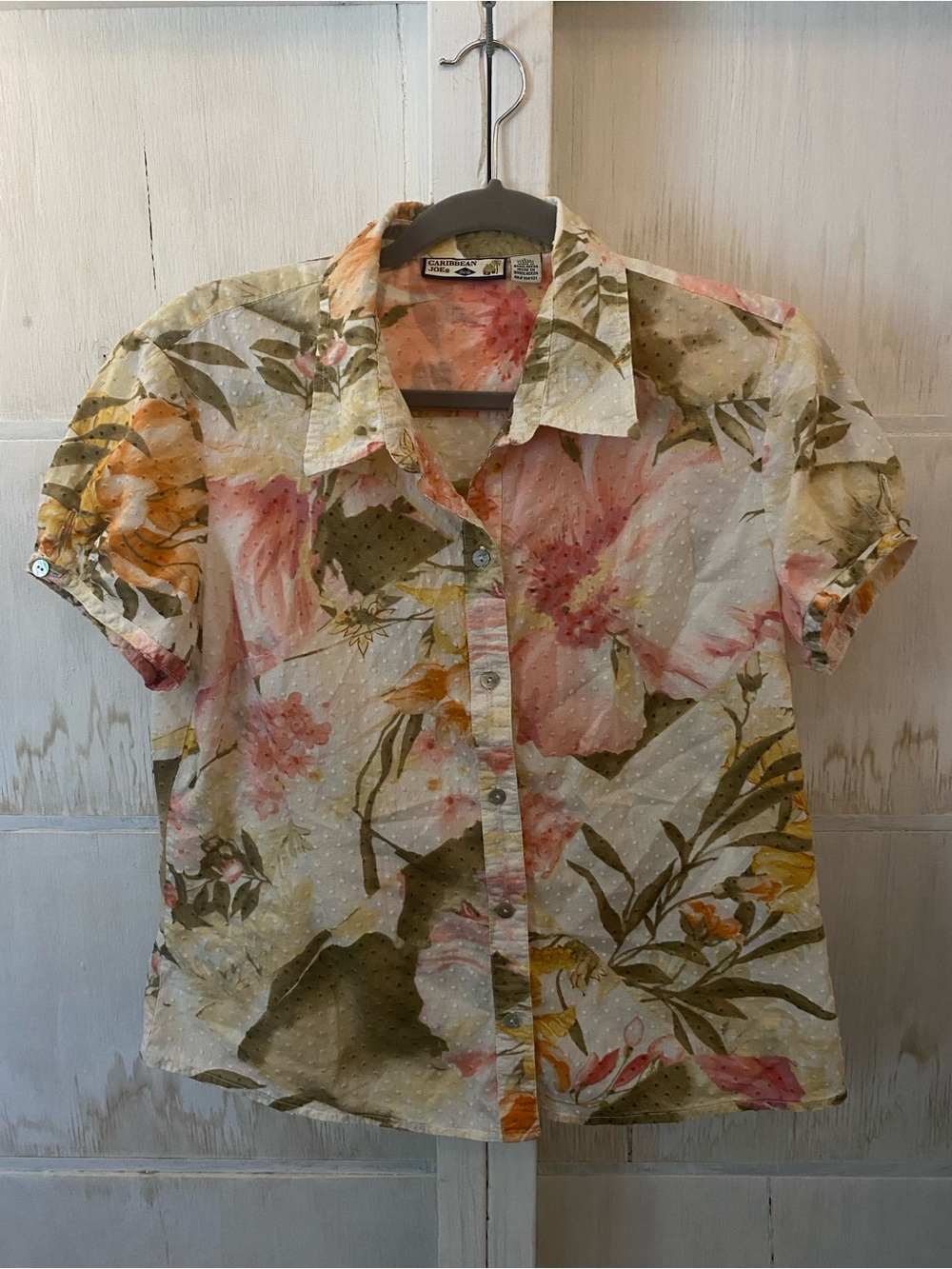 Caribbean Joe Floral Button-Down Large Camp Shirt in Pink Olive Cream Cottage